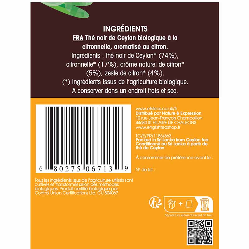 Thé glacé infusion à froid Thé Noir Citron Bio 20 sachets