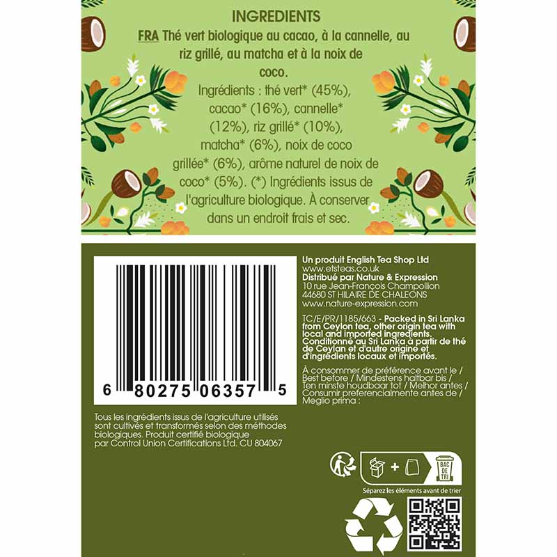 Thé Vert, Matcha & Cacao Bio 20 sachets