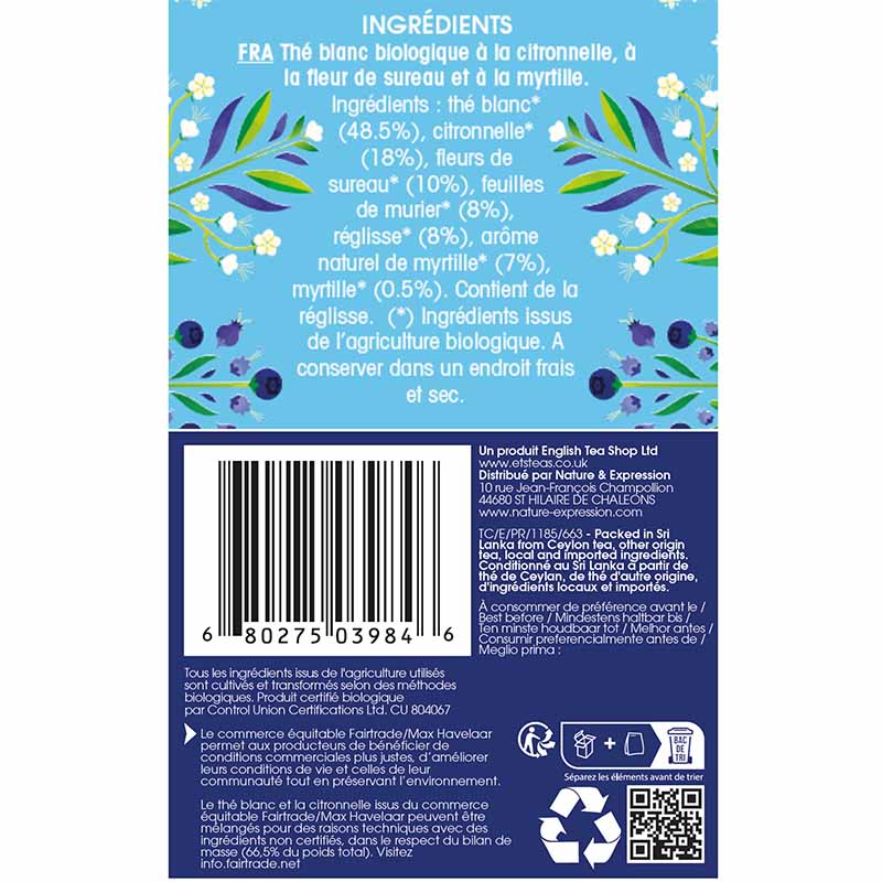 Thé Blanc Myrtille & Fleur de Sureau Bio 20 sachets