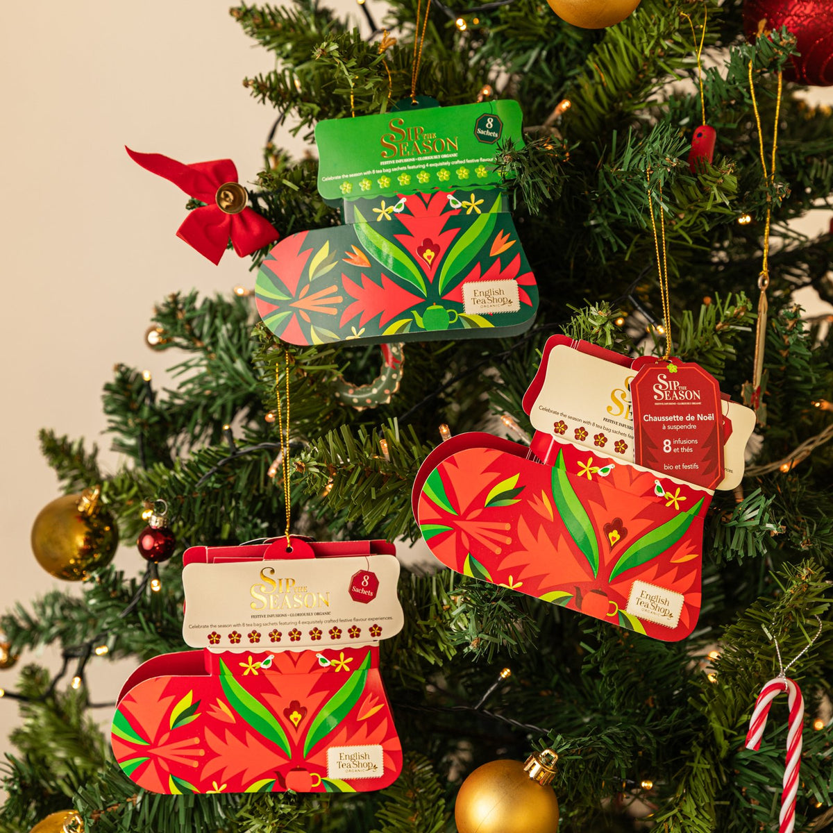 Chaussette de Noël rouge – 8 sachets, 4 mélanges bio – Sip The Season