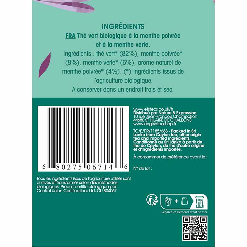 Thé Glacé infusion à froid Thé Vert Menthe Bio 20 sachets