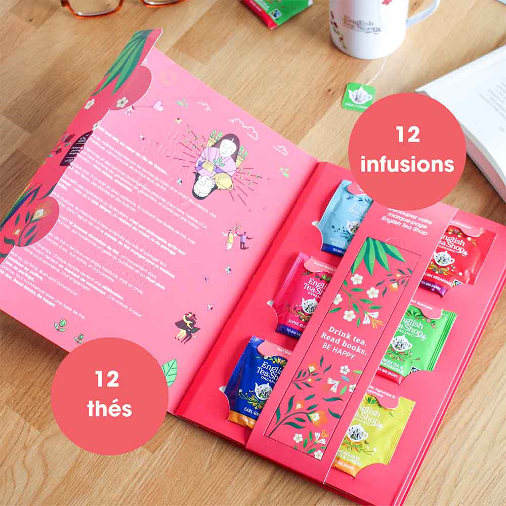 Livre du bonheur à infuser, coffret cadeau de thés et infusions bio 24 sachets