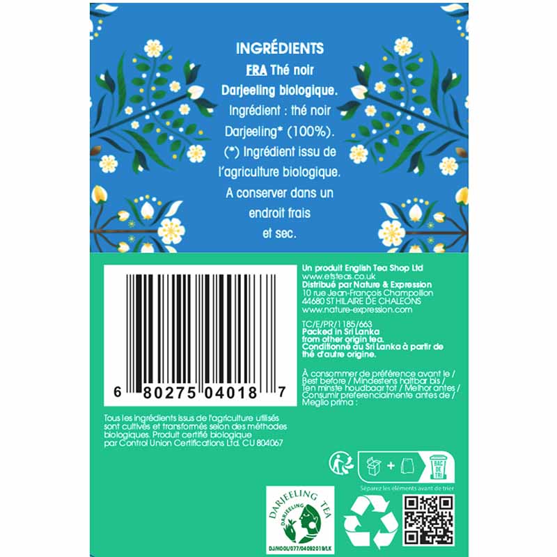 Thé Noir Darjeeling Bio 20 sachets