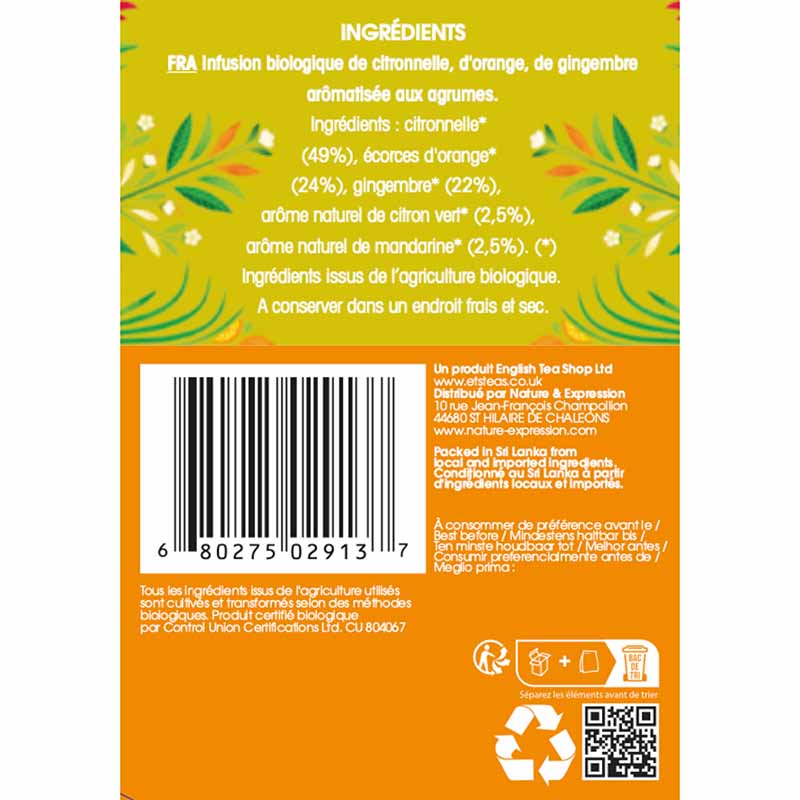 Infusion Citronnelle, Agrumes, Gingembre Bio 20 sachets