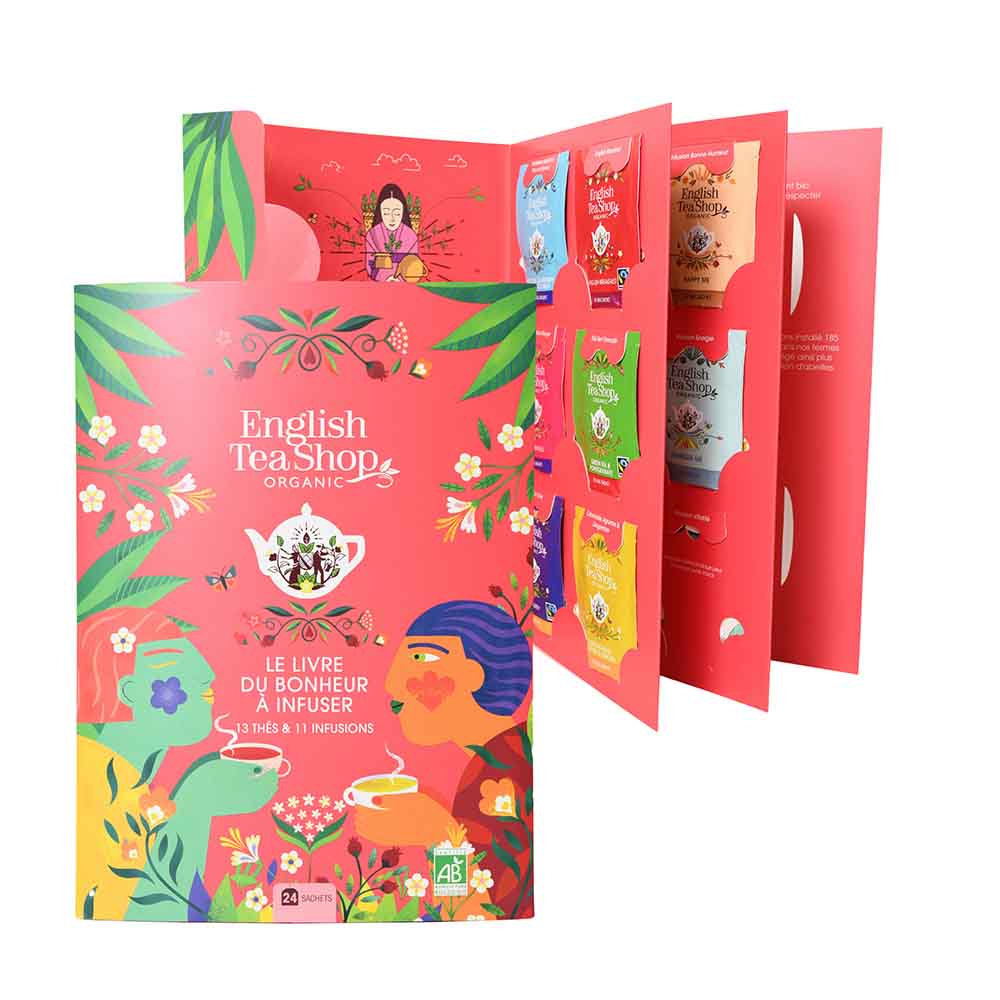 Livre du bonheur à infuser, coffret cadeau de thés et infusions bio 24 sachets